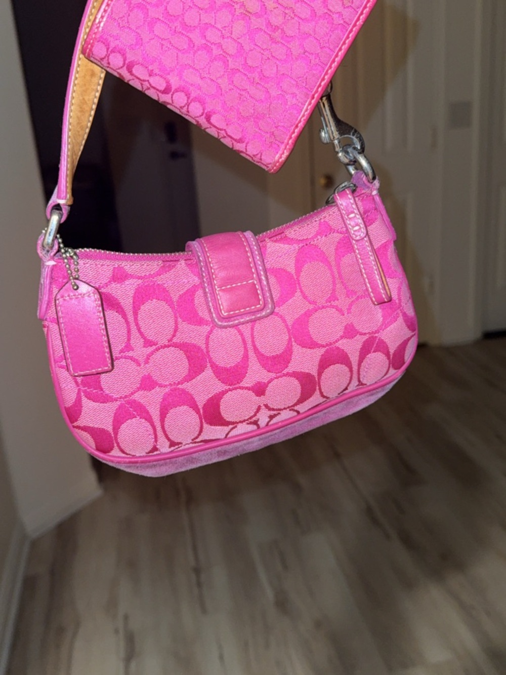 Coach Hot Pink Signature Canvas Mini Shoulder Bag with Buckle and wallet - Picture 2 of 6